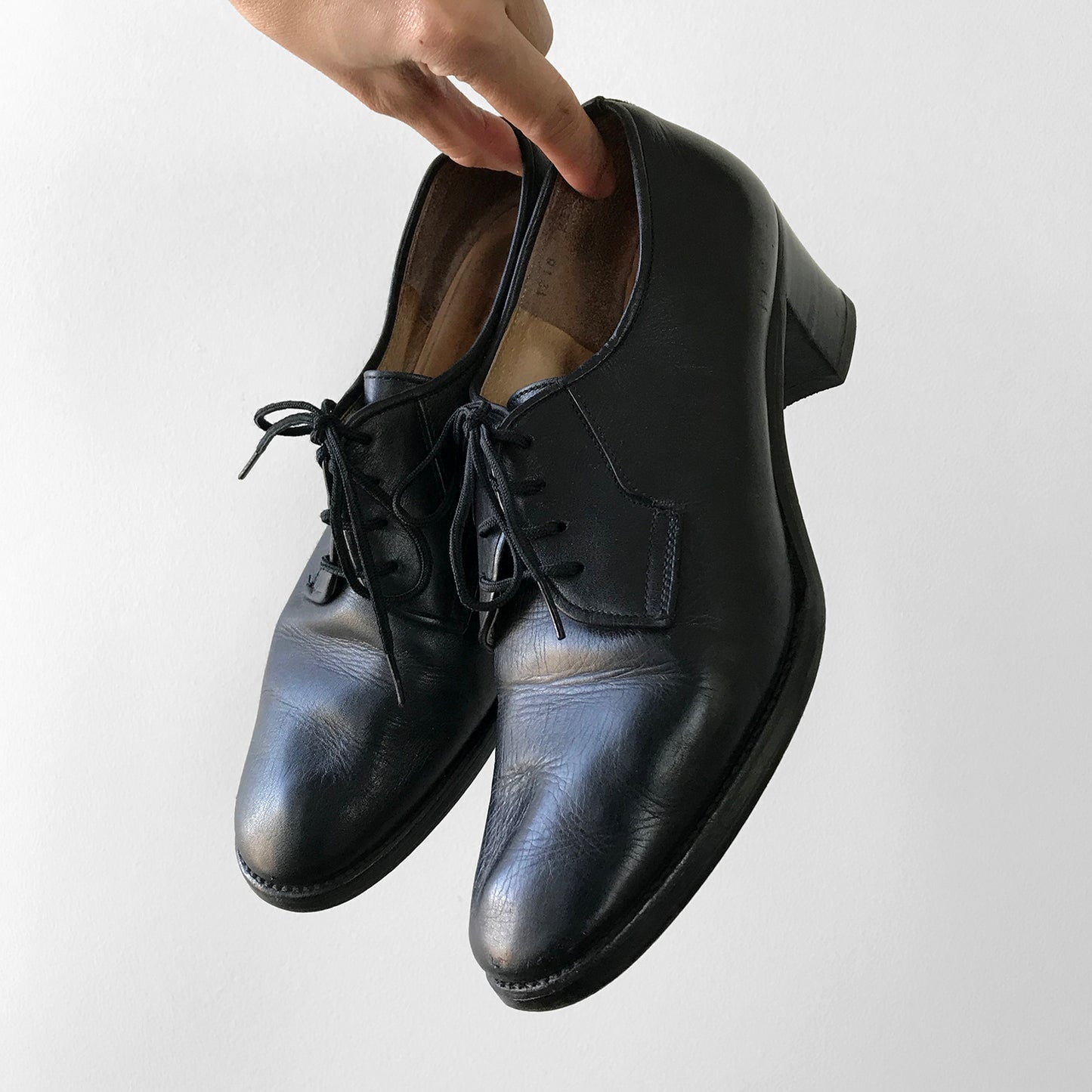 1960s Well Worn French Black Leather Heeled Lace-Up Shoes