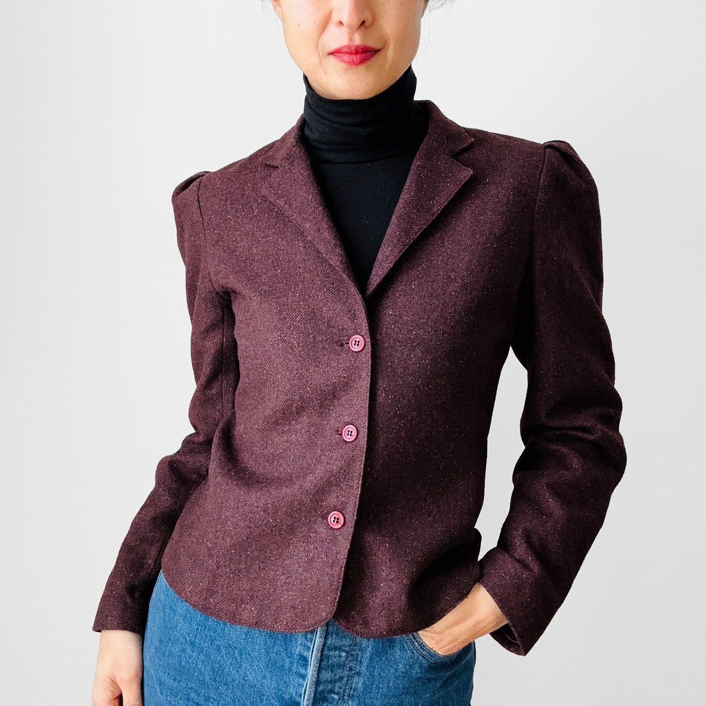 1960s - 1970s Plum Wool Tweed Short-Waisted Tapered-Waist Blazer Jacket- XS/S