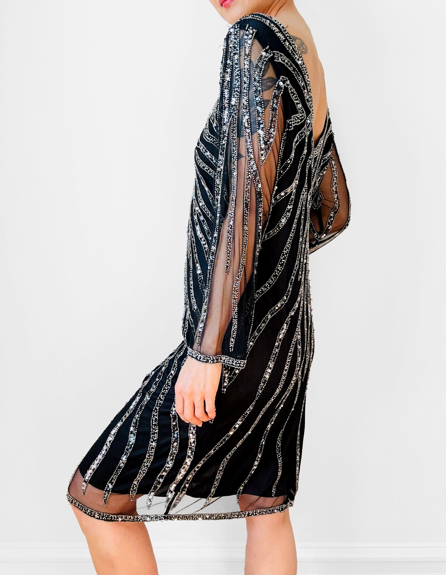 1990s Black Sequins Knee-Length Long-Sleeve Shift Dress - S/M