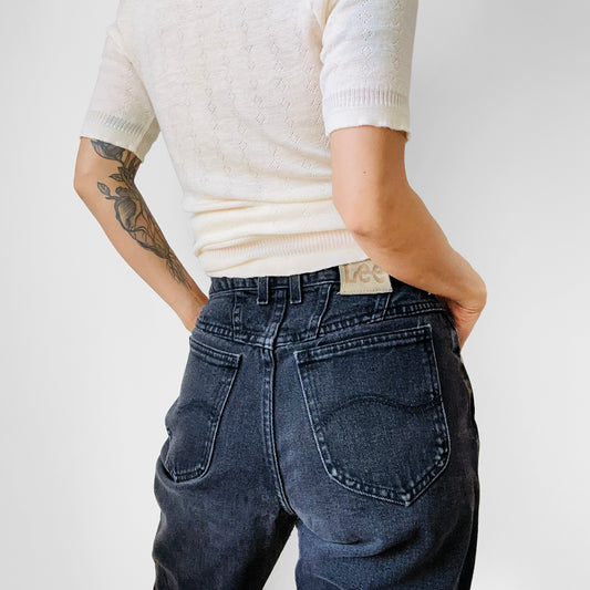 1980s - 1990s Authentic Vintage Faded Black Distressed Wash High-Waisted LEE Mom Jeans - Waist 28