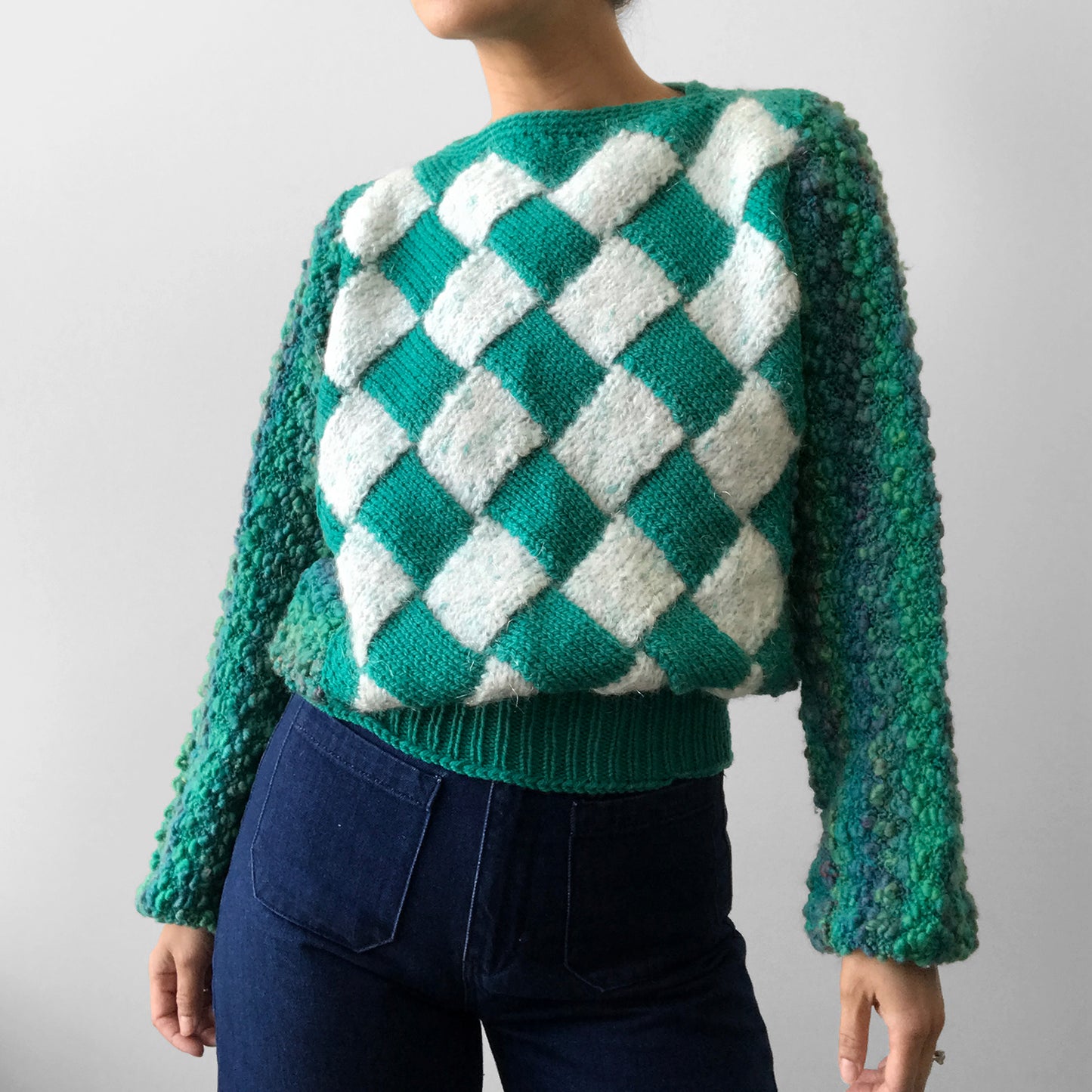 1980s Blue-Green Checkered Pattern Handmade Hand-Knit Pullover Sweater