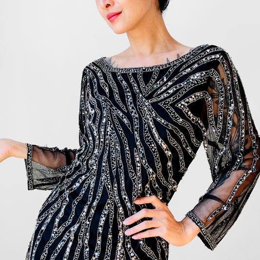 1990s Black Sequins Knee-Length Long-Sleeve Shift Dress - S/M