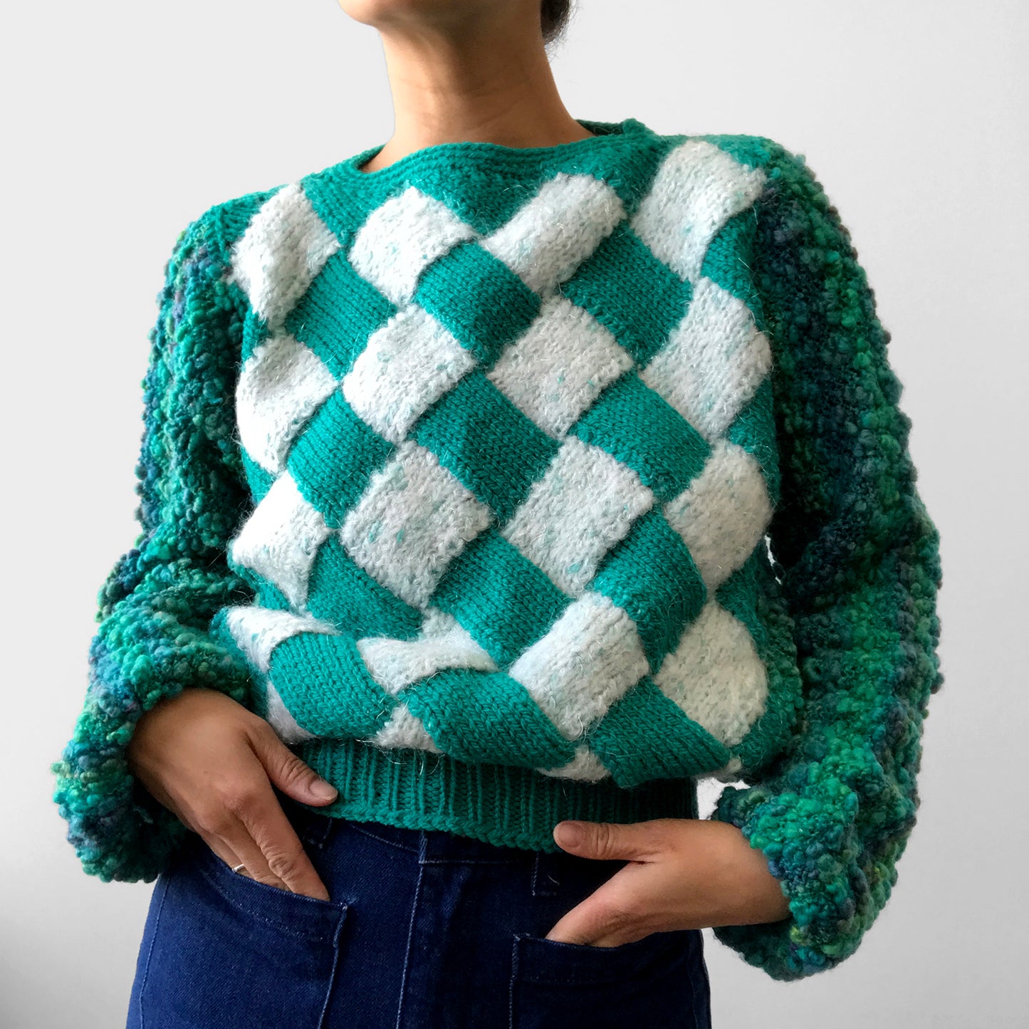 1980s Blue-Green Checkered Pattern Handmade Hand-Knit Pullover Sweater