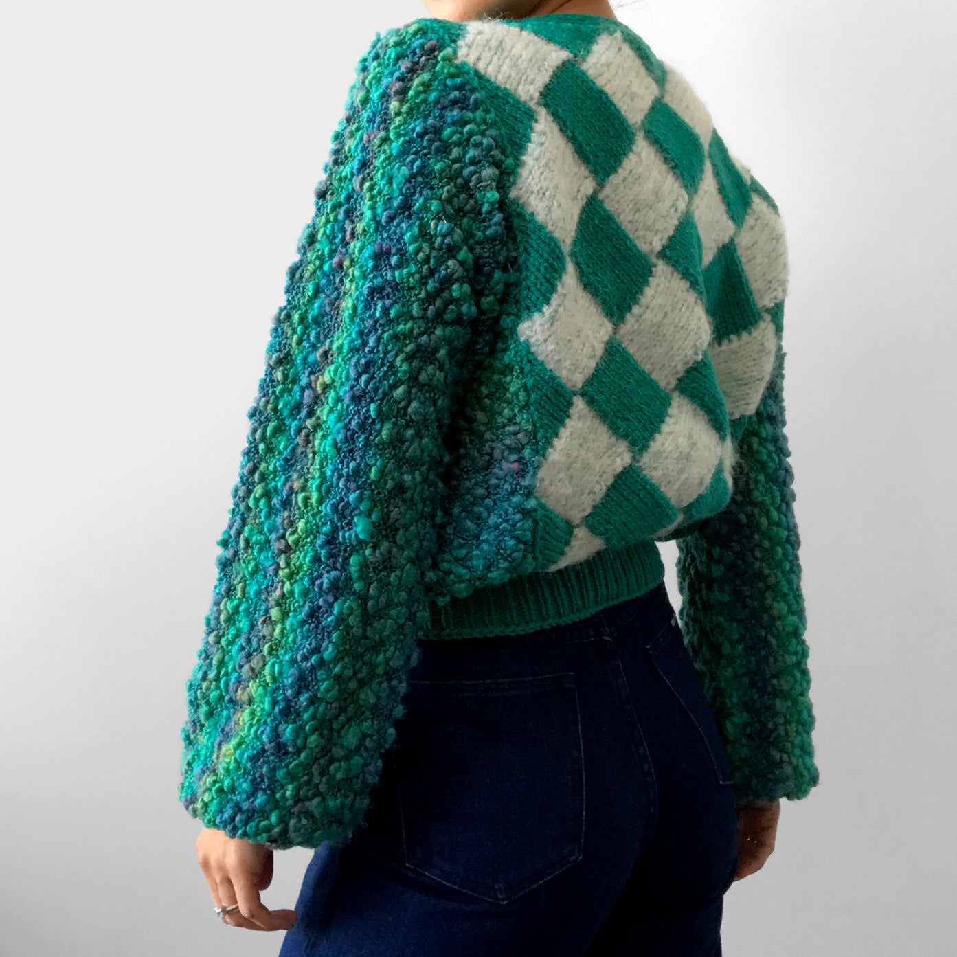 1980s Blue-Green Checkered Pattern Handmade Hand-Knit Pullover Sweater