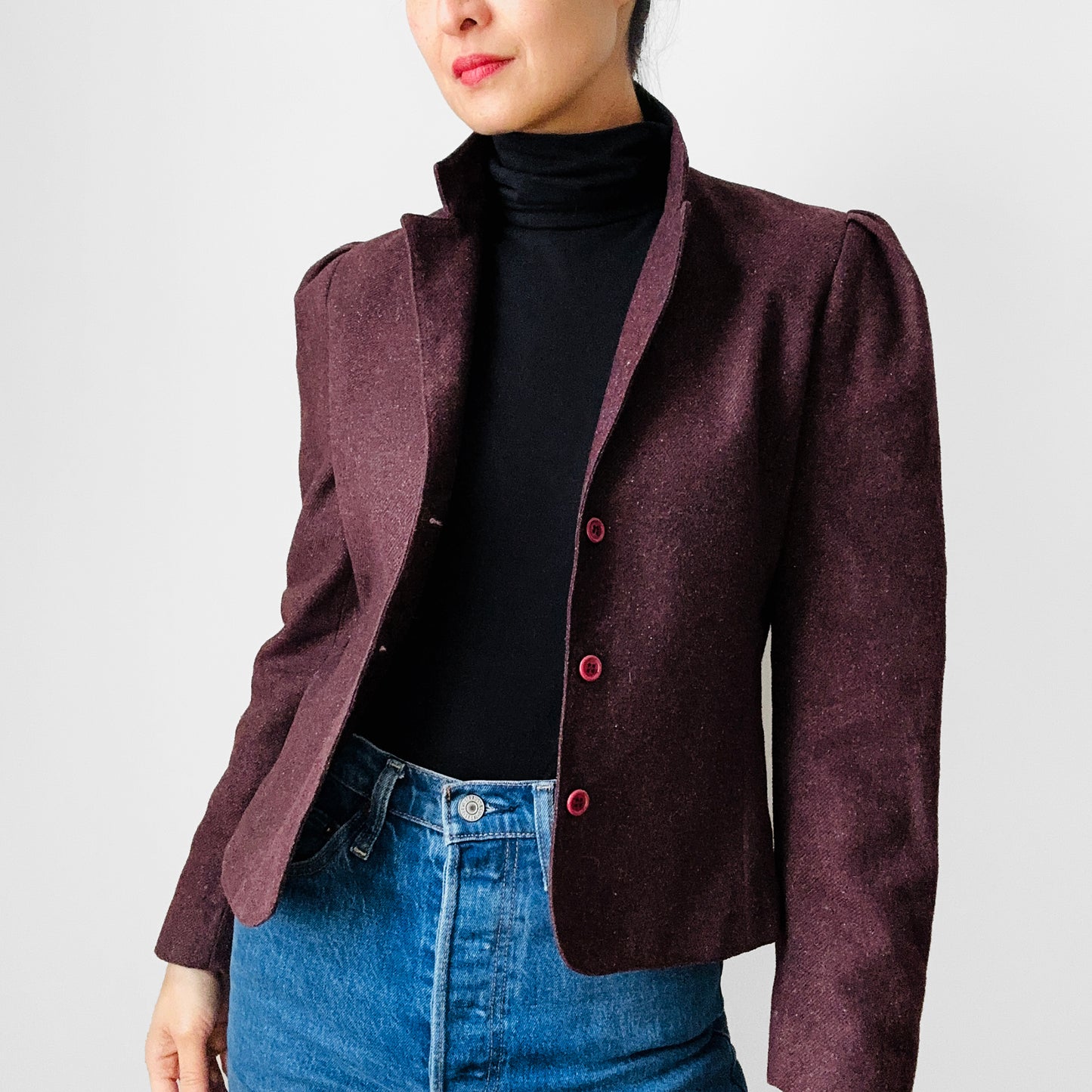 1960s - 1970s Plum Wool Tweed Short-Waisted Tapered-Waist Blazer Jacket- XS/S