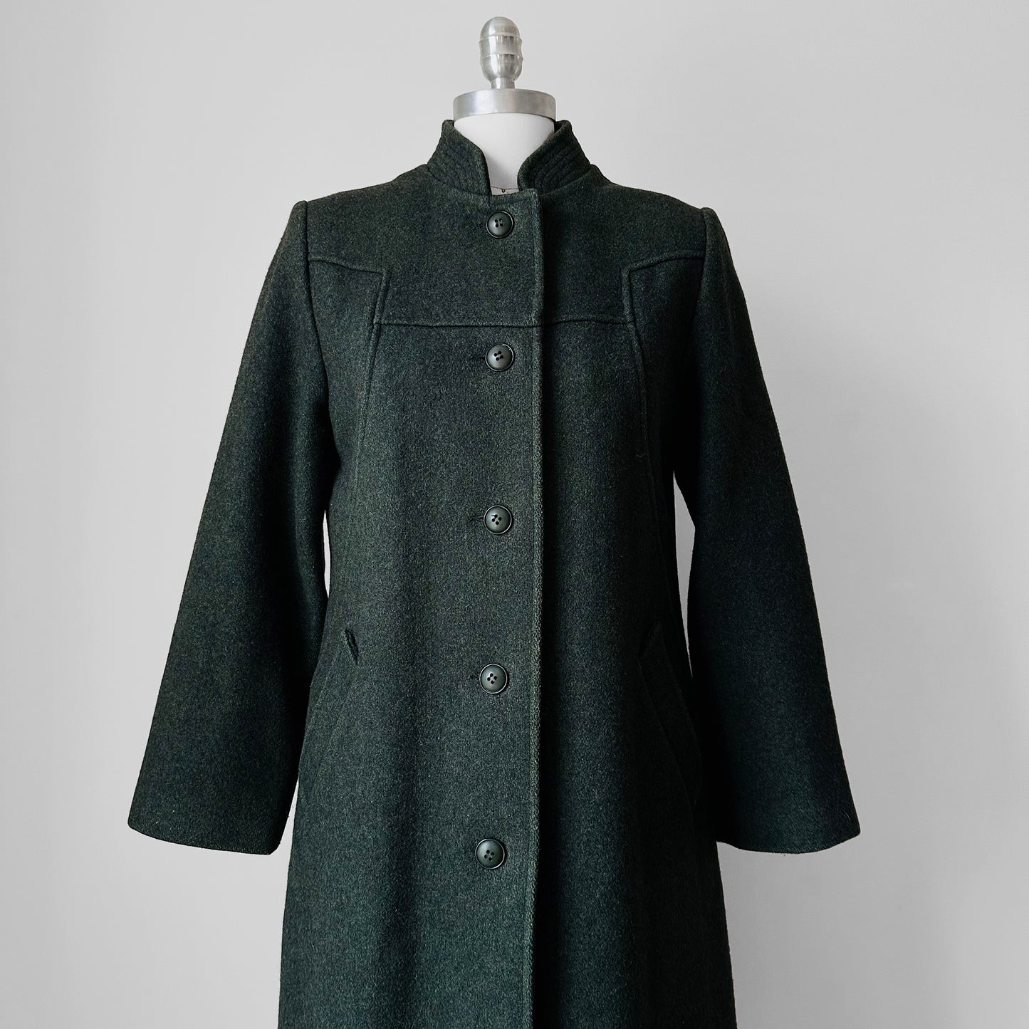 1960s Made in Canada Army Green Wool Blend Military Style Midi-Length A-Line Coat - Sz. S