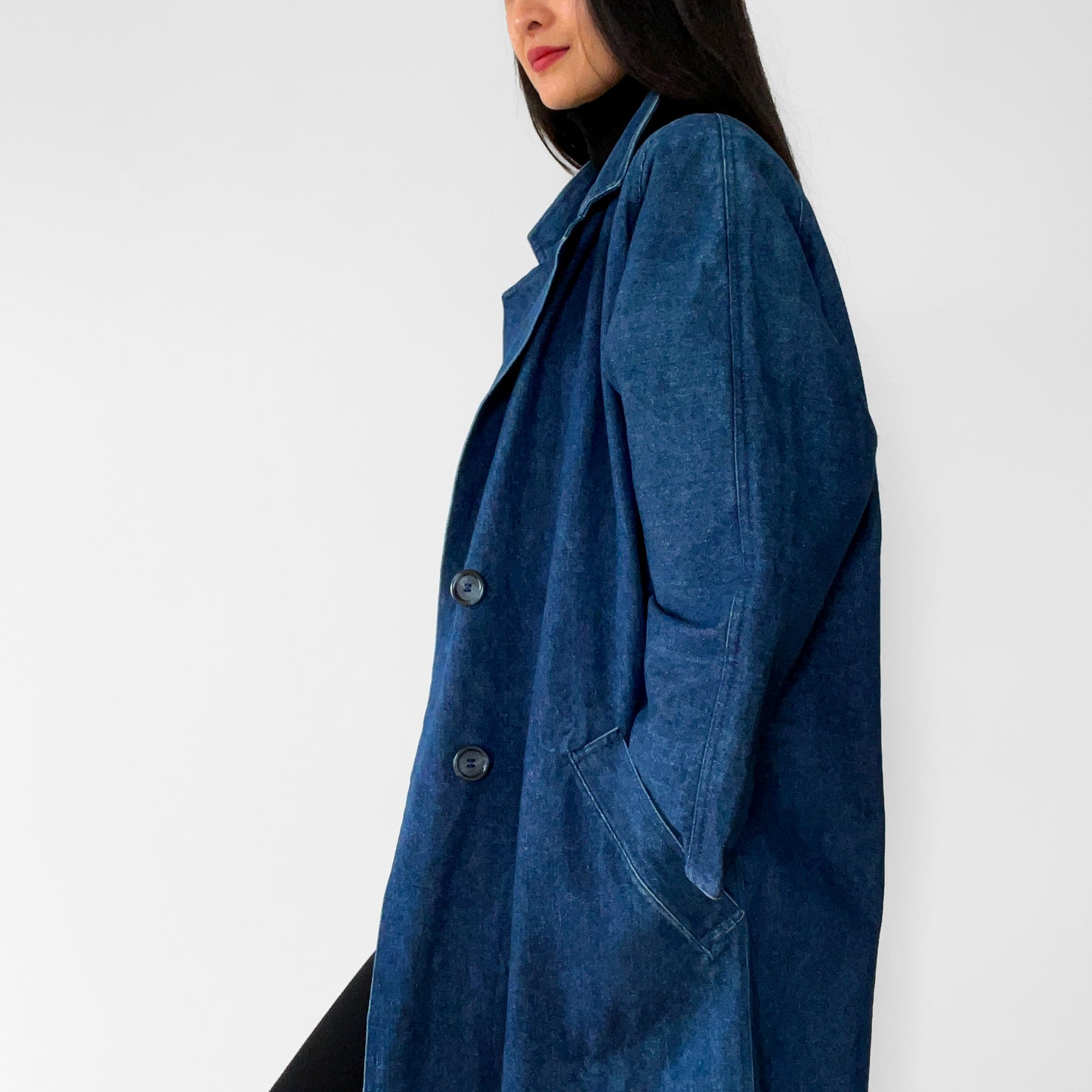 1980s Long Dark Denim Jean Coat