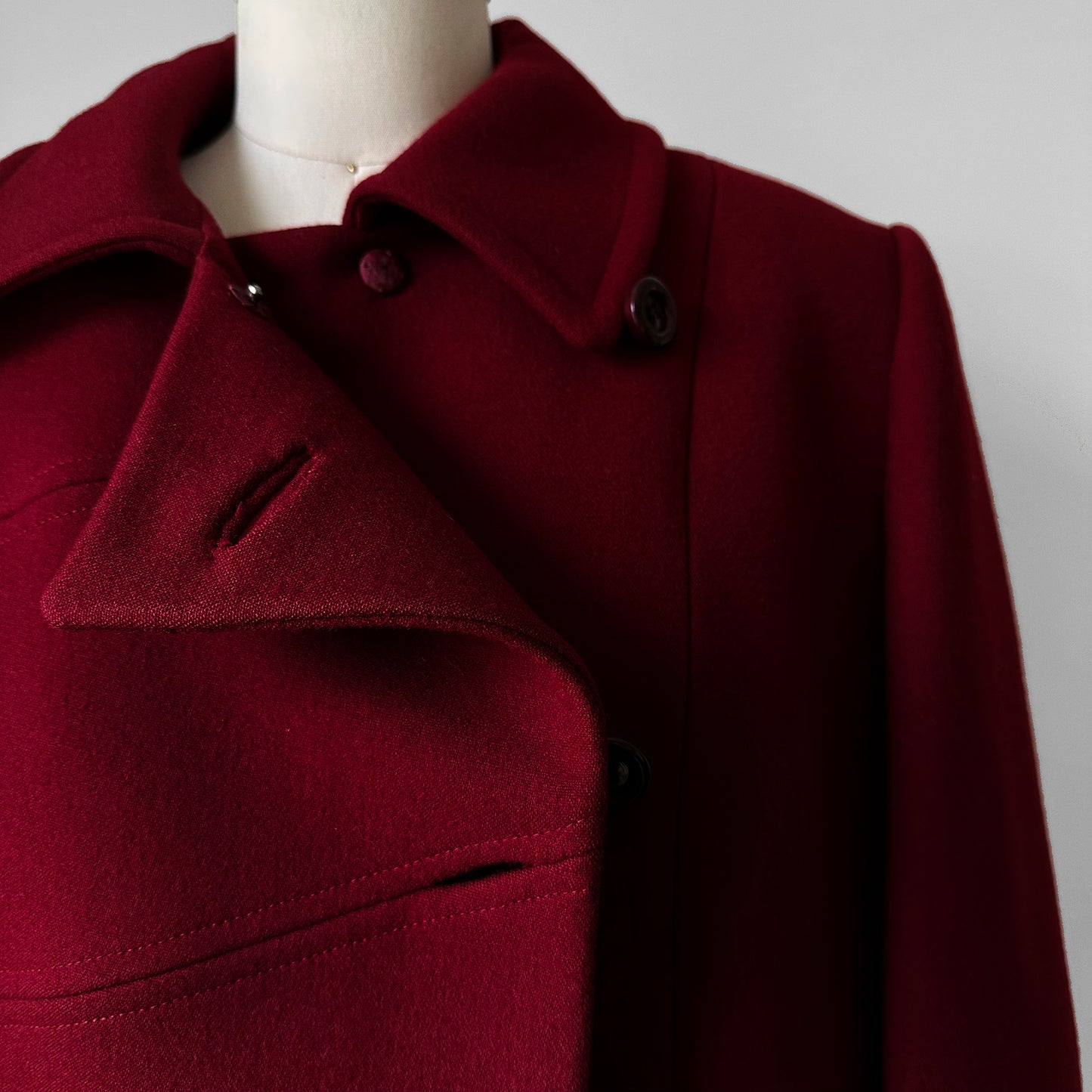 1960s Deep Wine Red Asymmetrical A-Line Midi-Length Heavy Wool Coat - S/M