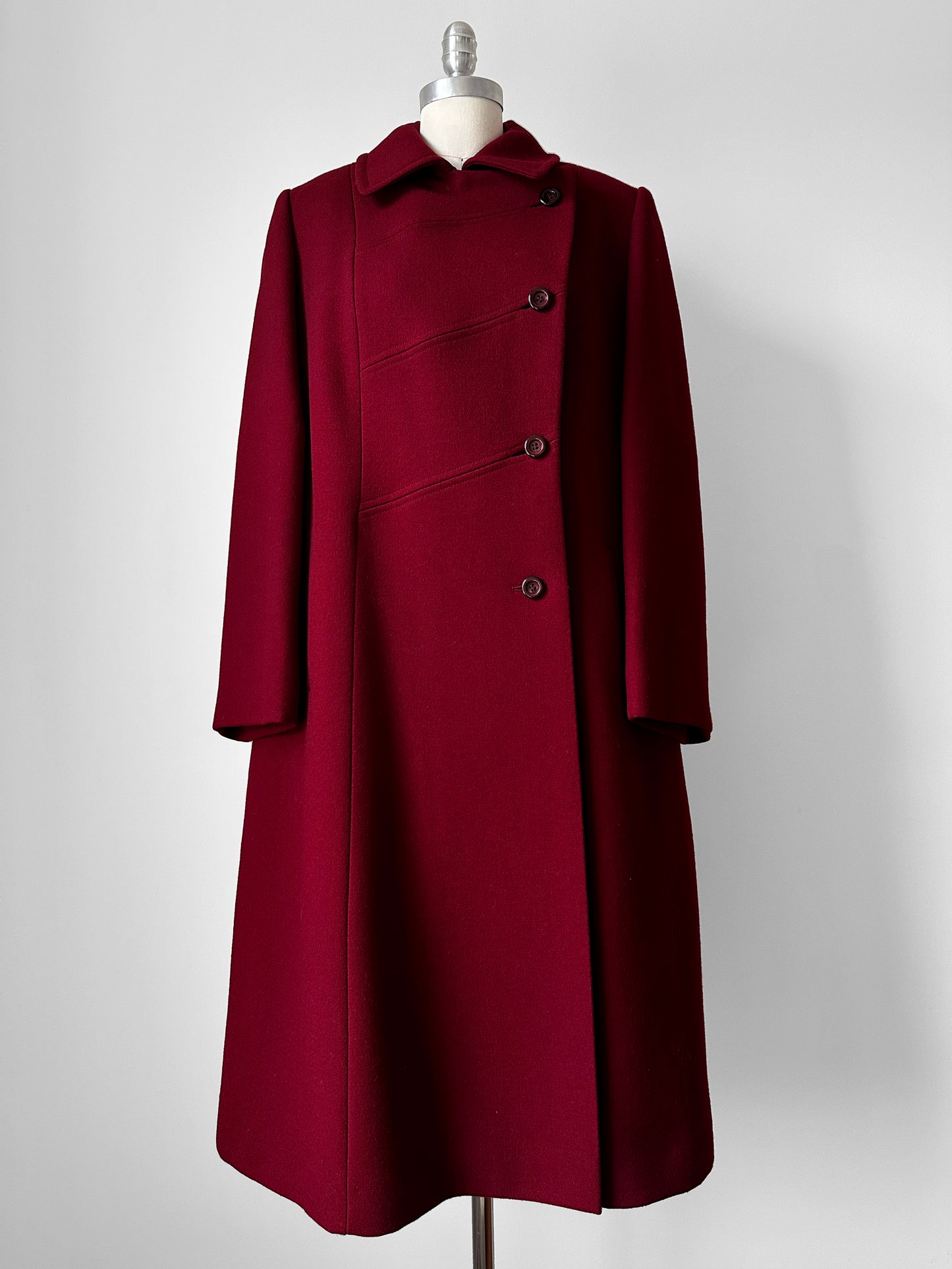 1960s Deep Wine Red Asymmetrical A-Line Midi-Length Heavy Wool Coat - S/M