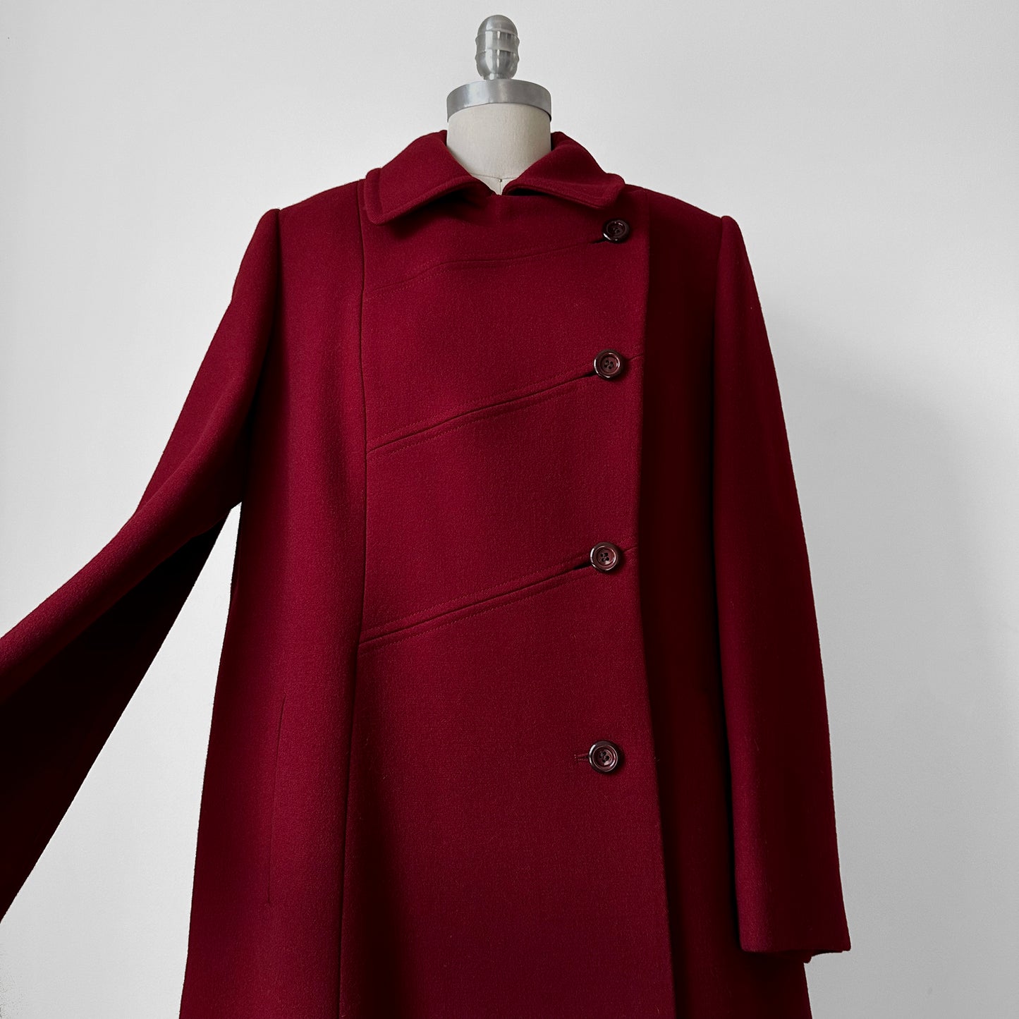 1960s Deep Wine Red Asymmetrical A-Line Midi-Length Heavy Wool Coat - S/M