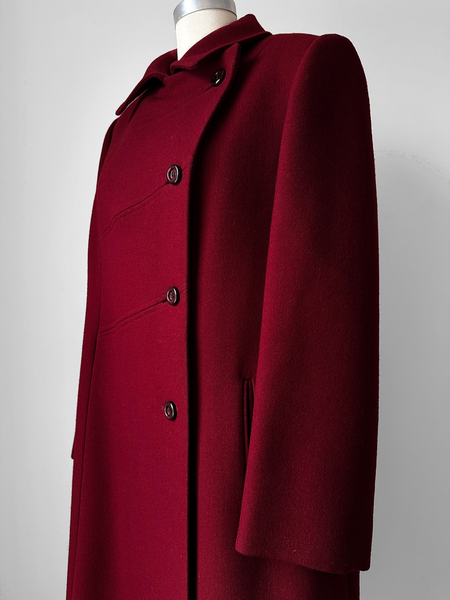 1960s Deep Wine Red Asymmetrical A-Line Midi-Length Heavy Wool Coat - S/M