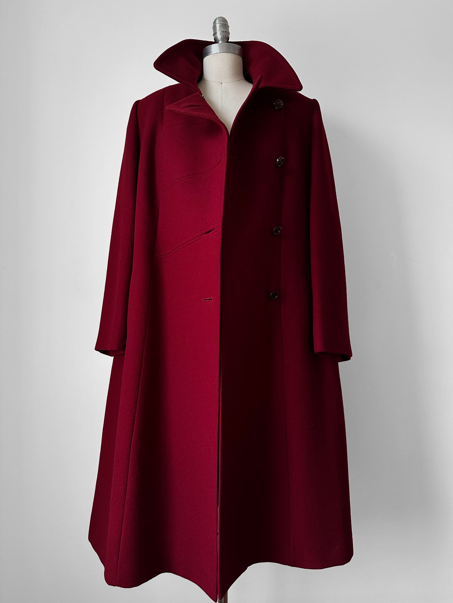 1960s Deep Wine Red Asymmetrical A-Line Midi-Length Heavy Wool Coat - S/M