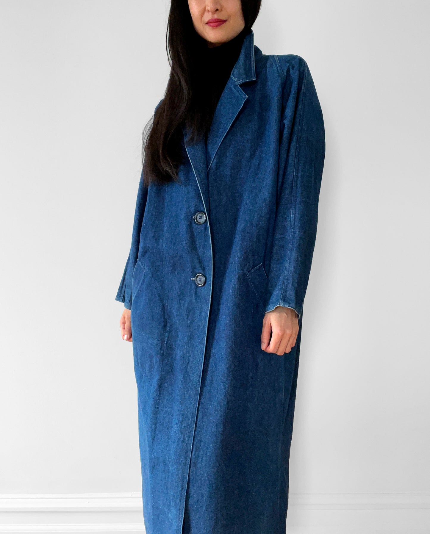 1980s Long Dark Denim Jean Coat