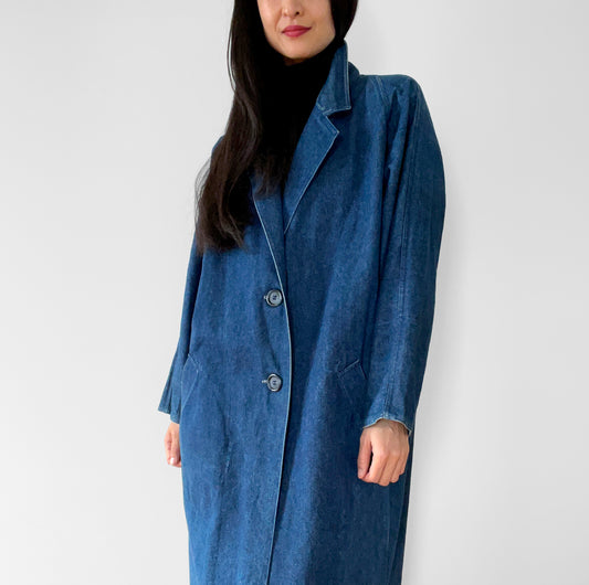 1980s Long Dark Denim Jean Coat