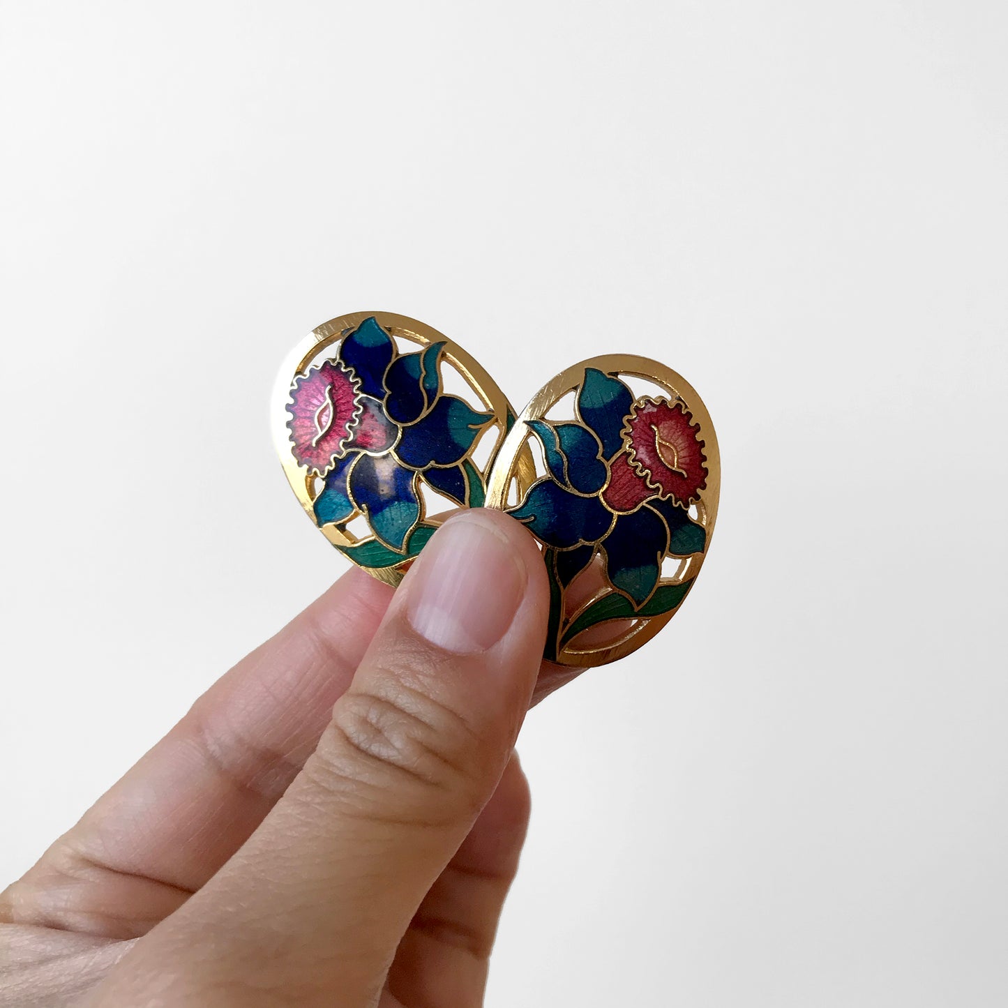 1980s Oval Floral Gold-Toned Enamelled Earrings