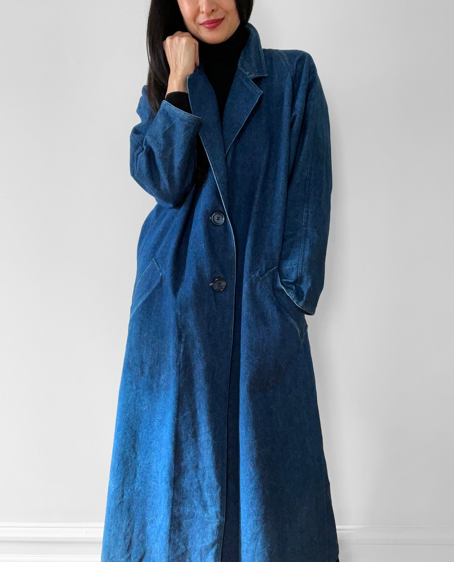 1980s Long Dark Denim Jean Coat