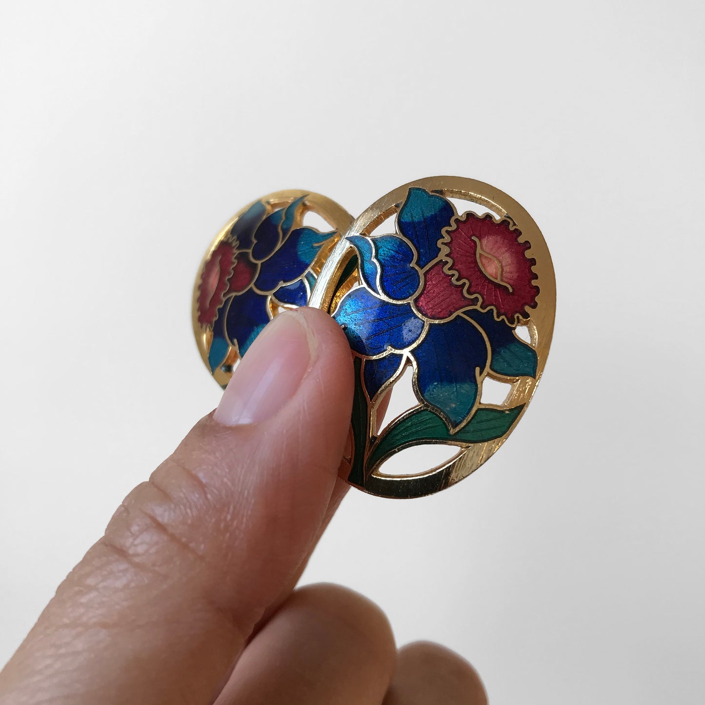 1980s Oval Floral Gold-Toned Enamelled Earrings