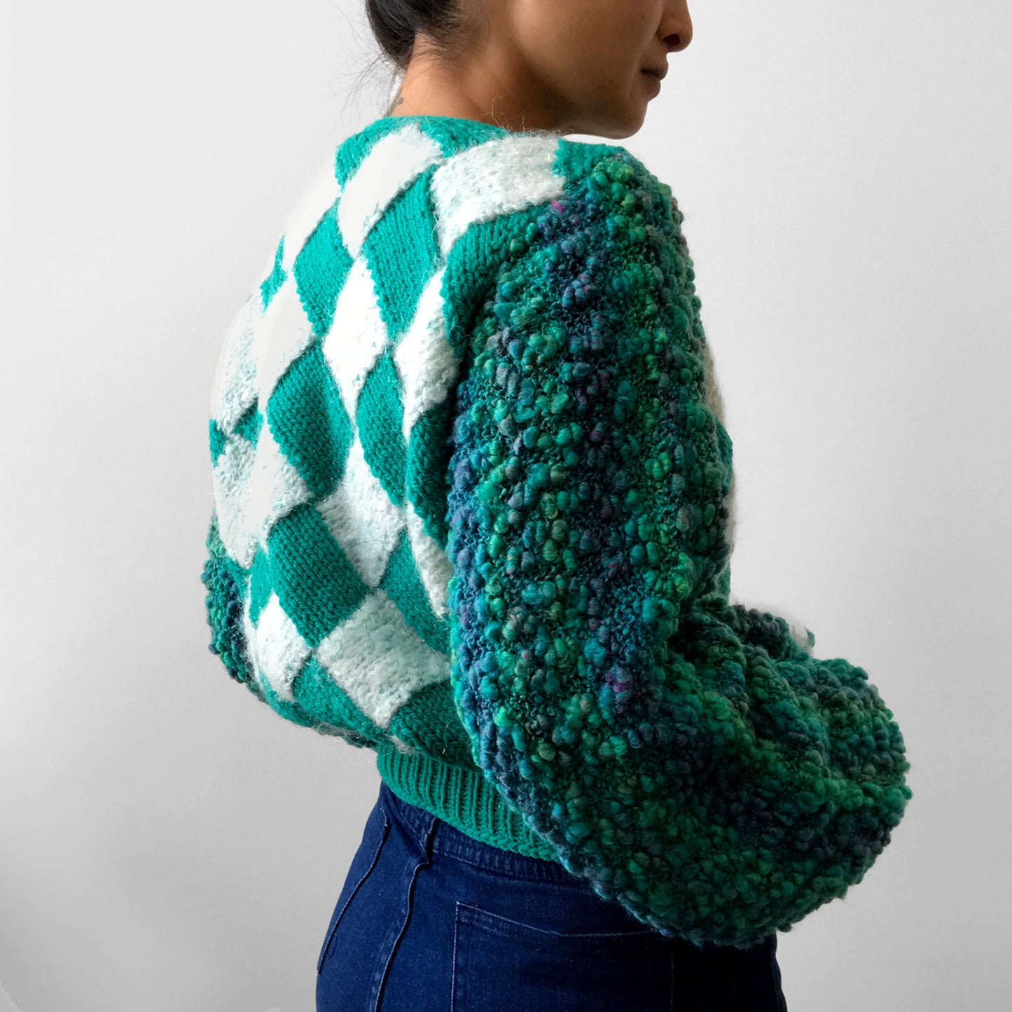 1980s Blue-Green Checkered Pattern Handmade Hand-Knit Pullover Sweater