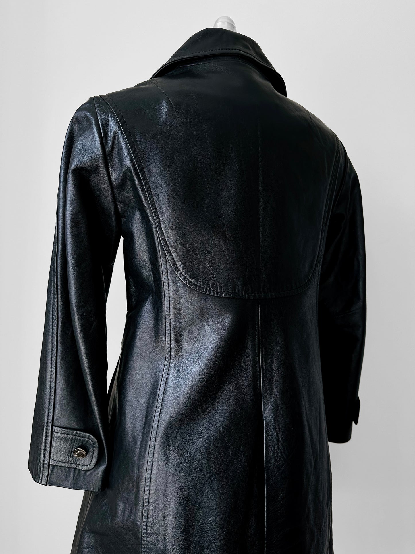 Black Leather Italian Made Double-Breasted A-Line Jacket - XS/S