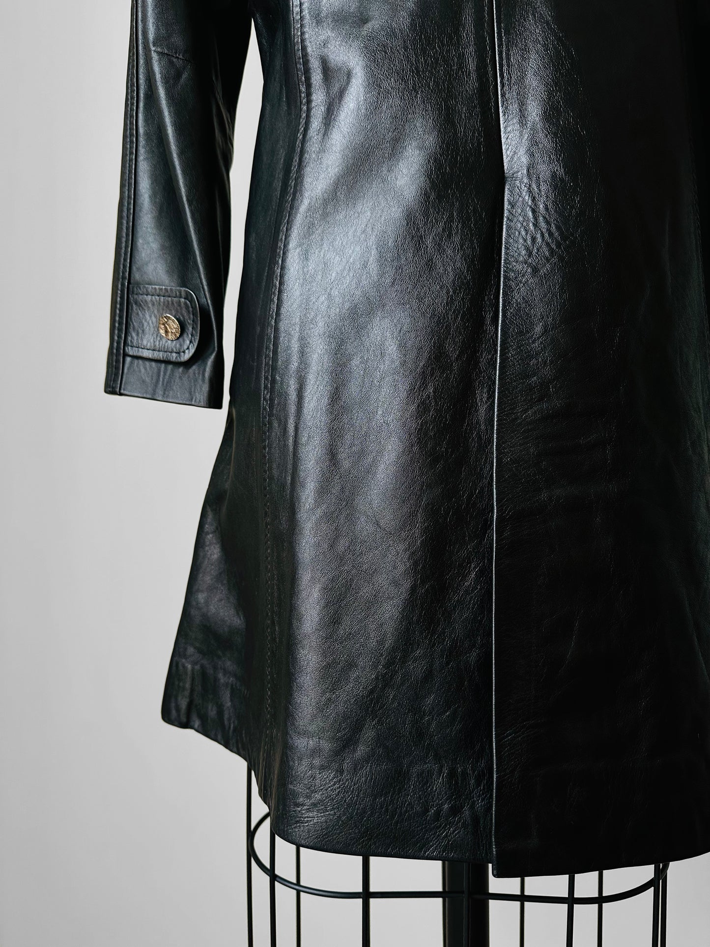 Black Leather Italian Made Double-Breasted A-Line Jacket - XS/S