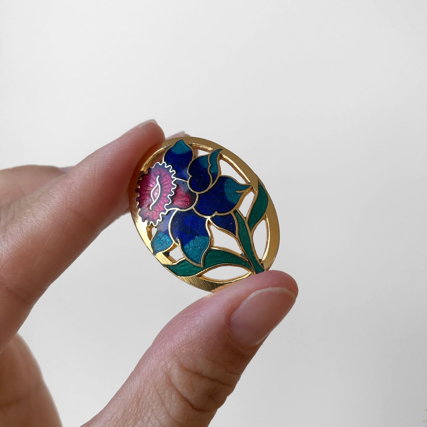 1980s Oval Floral Gold-Toned Enamelled Earrings