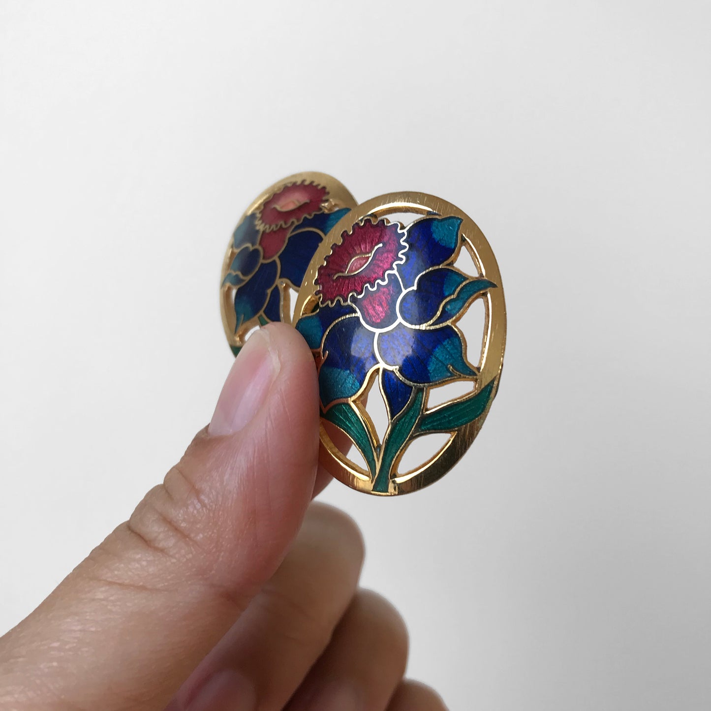 1980s Oval Floral Gold-Toned Enamelled Earrings