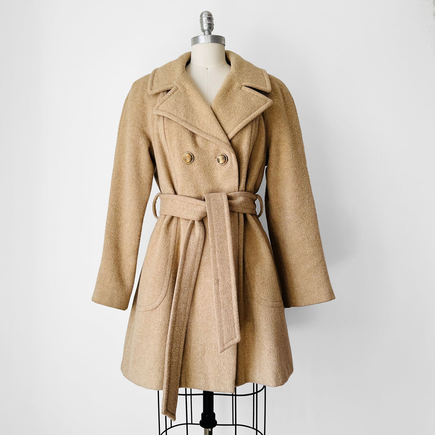 1960s Tan Camel Hair Double-Breasted Belted Wool Jacket - S/M