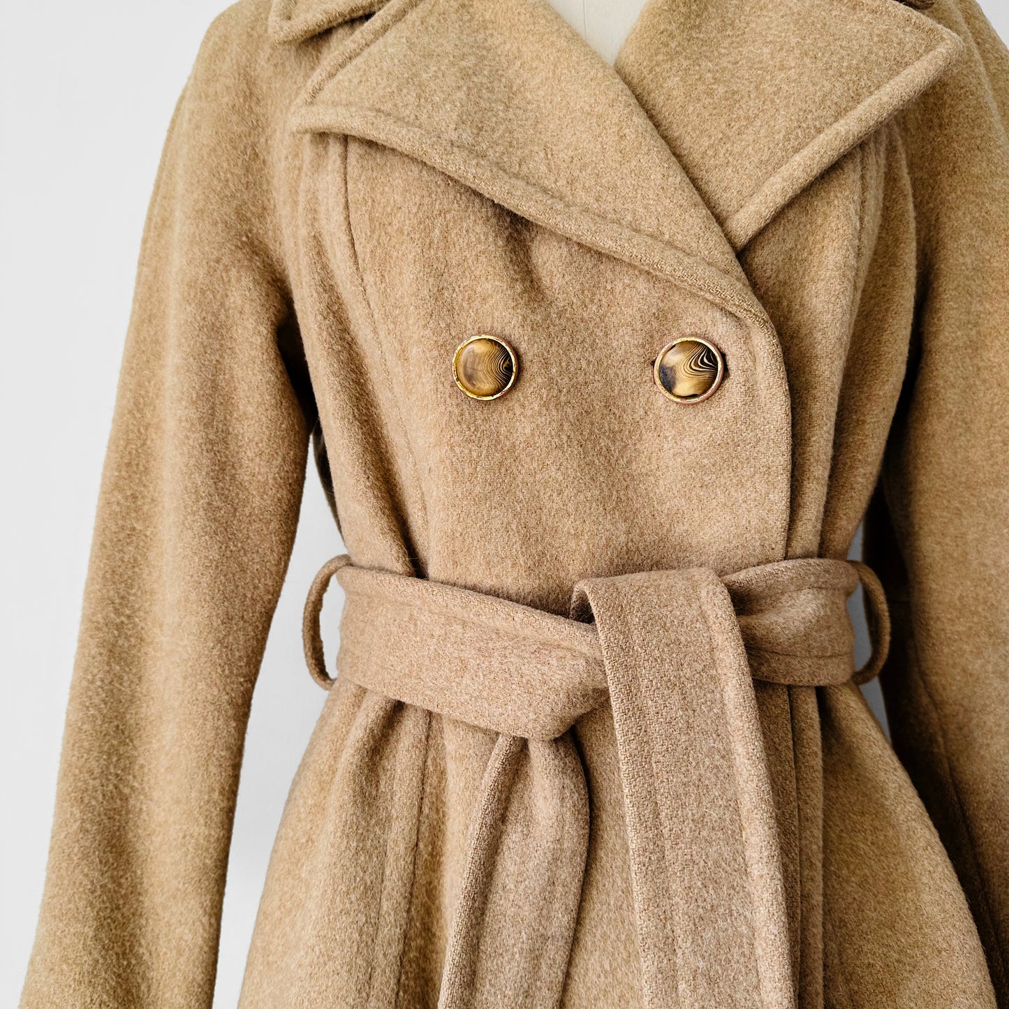 1960s Tan Camel Hair Double-Breasted Belted Wool Jacket - S/M