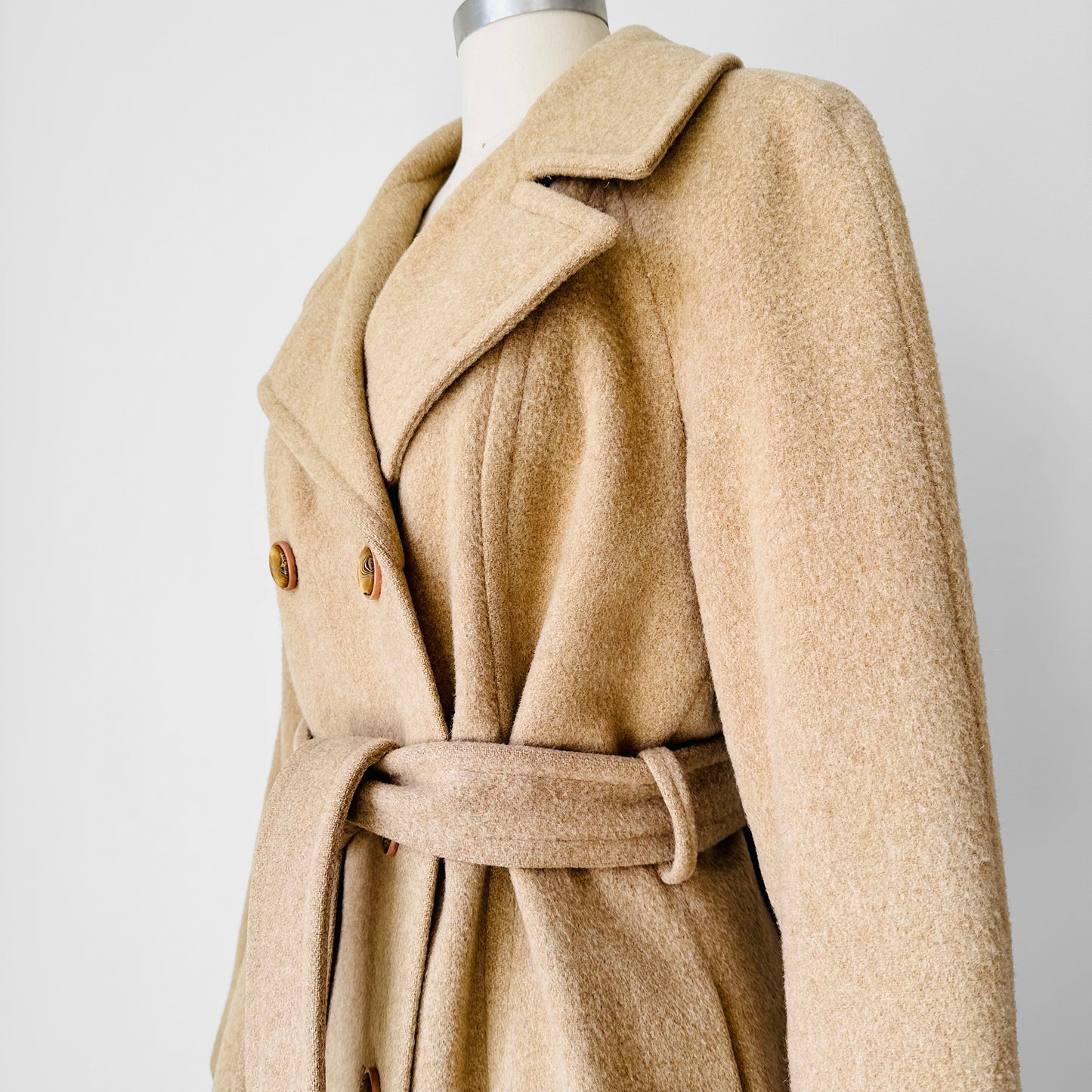 1960s Tan Camel Hair Double-Breasted Belted Wool Jacket - S/M