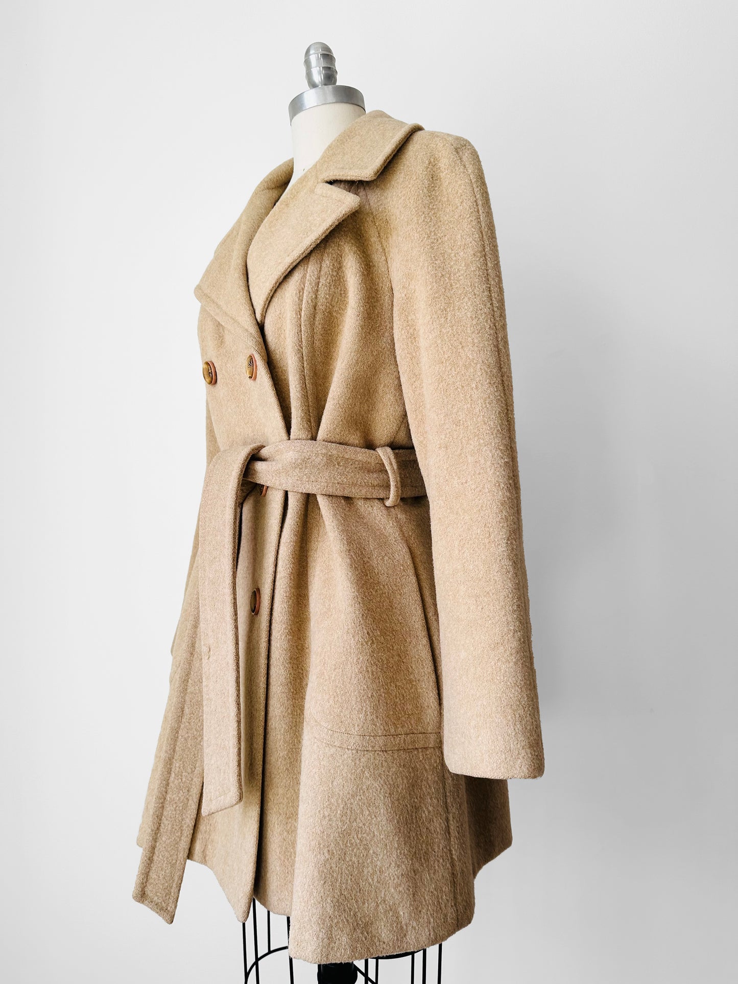 1960s Tan Camel Hair Double-Breasted Belted Wool Jacket - S/M