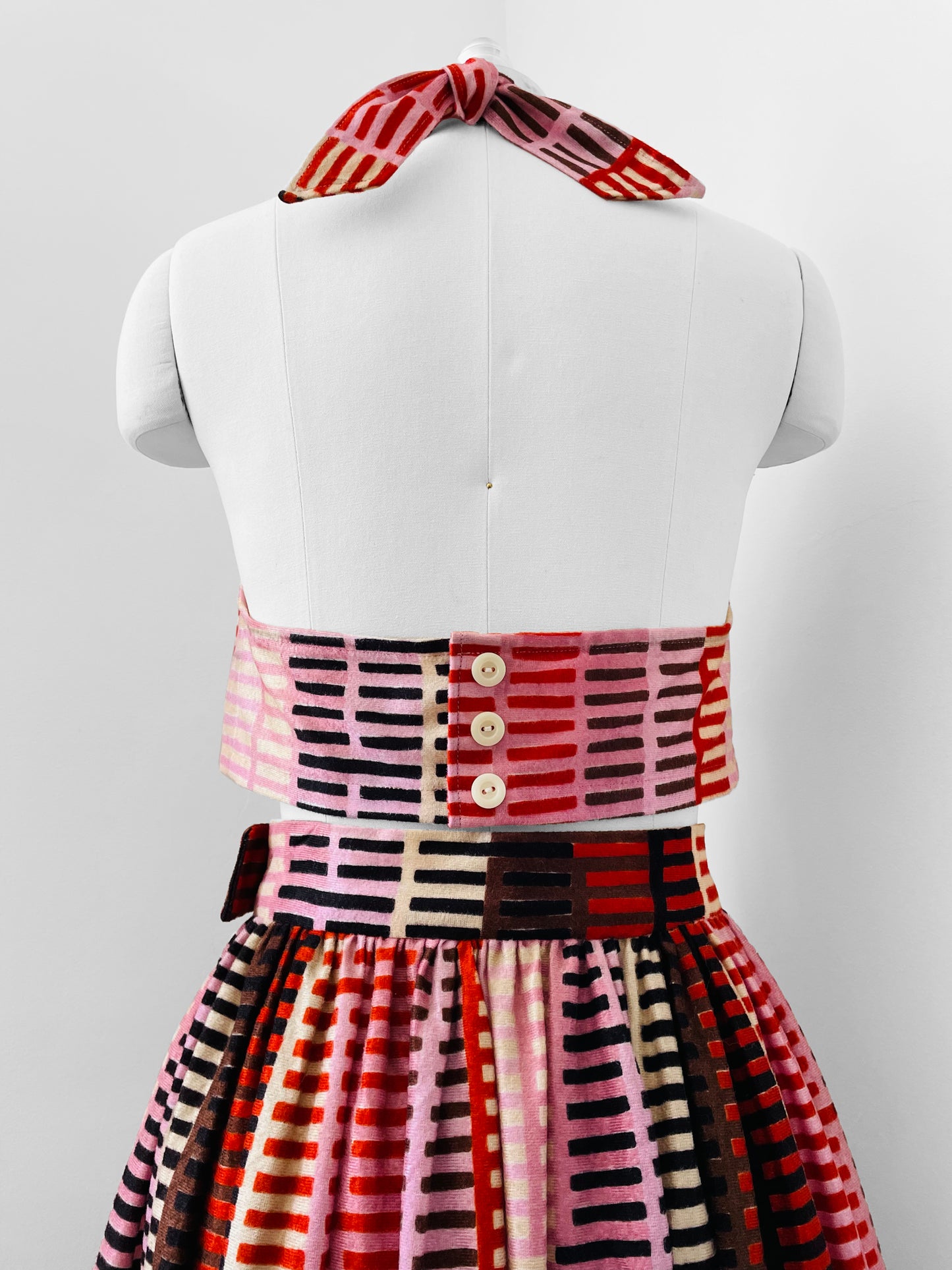 Made-By-Me 1970s Upcycled Reworked Handmade Stripe Skirt Halter-Top Hairband Set