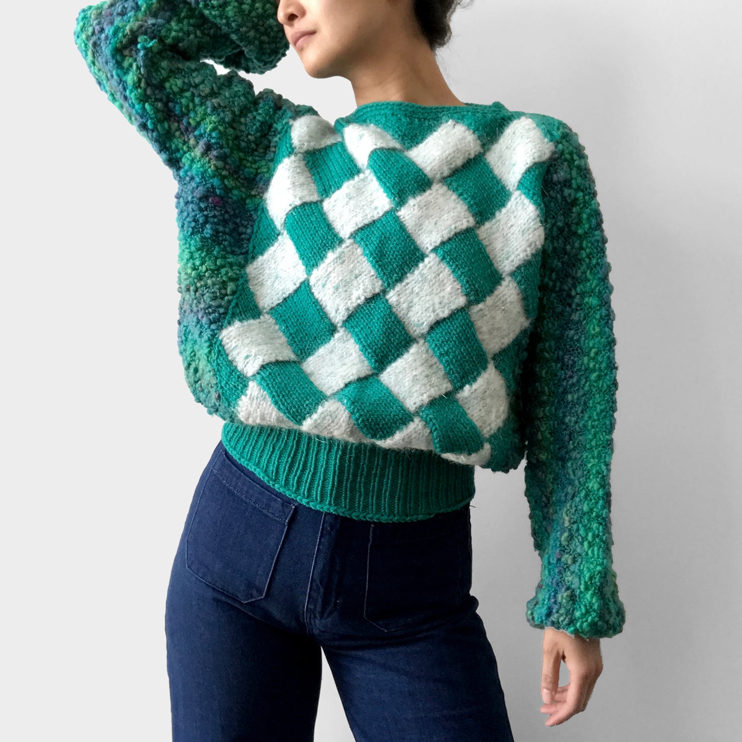 1980s Blue-Green Checkered Pattern Handmade Hand-Knit Pullover Sweater