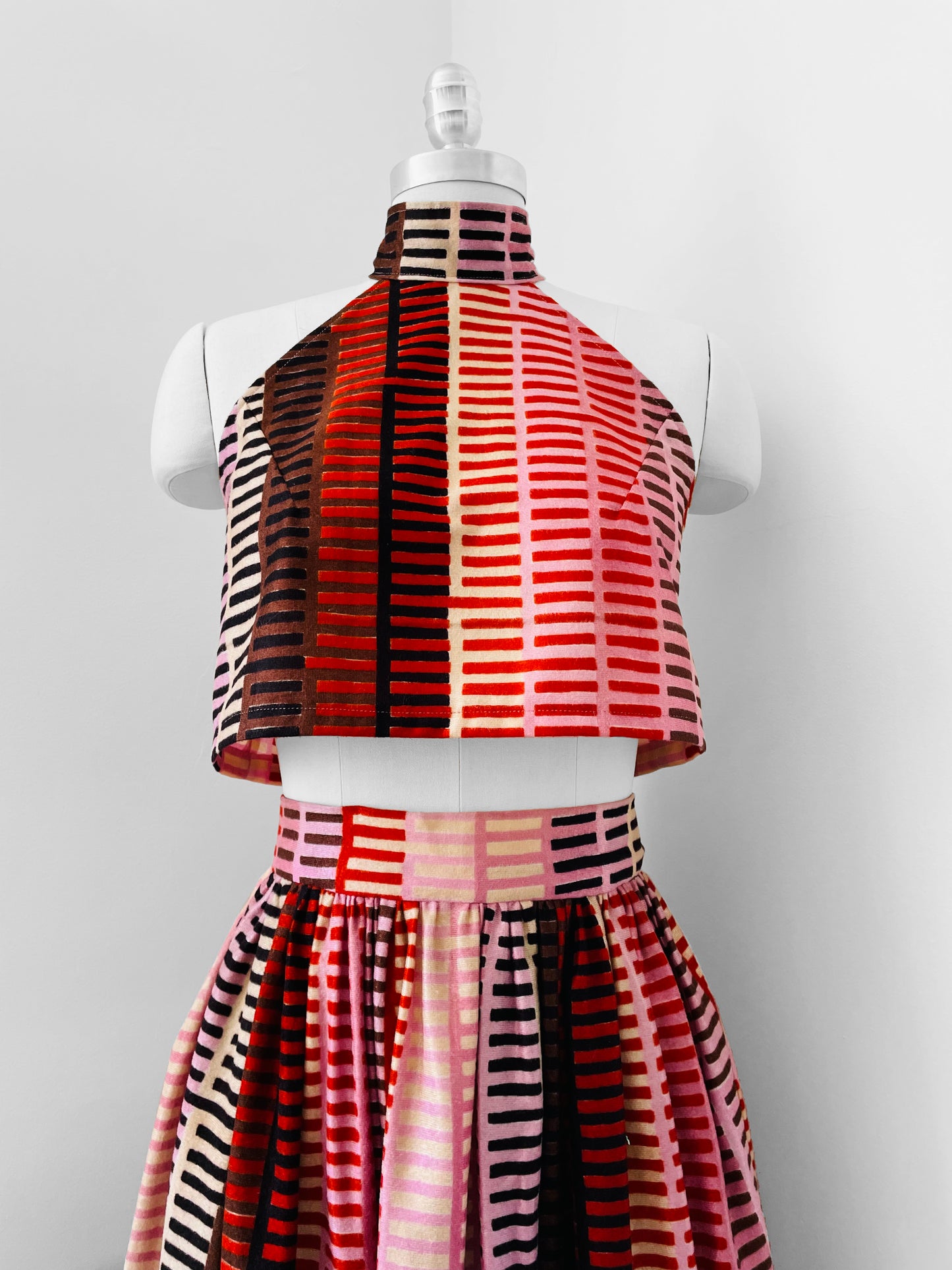 Made-By-Me 1970s Upcycled Reworked Handmade Stripe Skirt Halter-Top Hairband Set