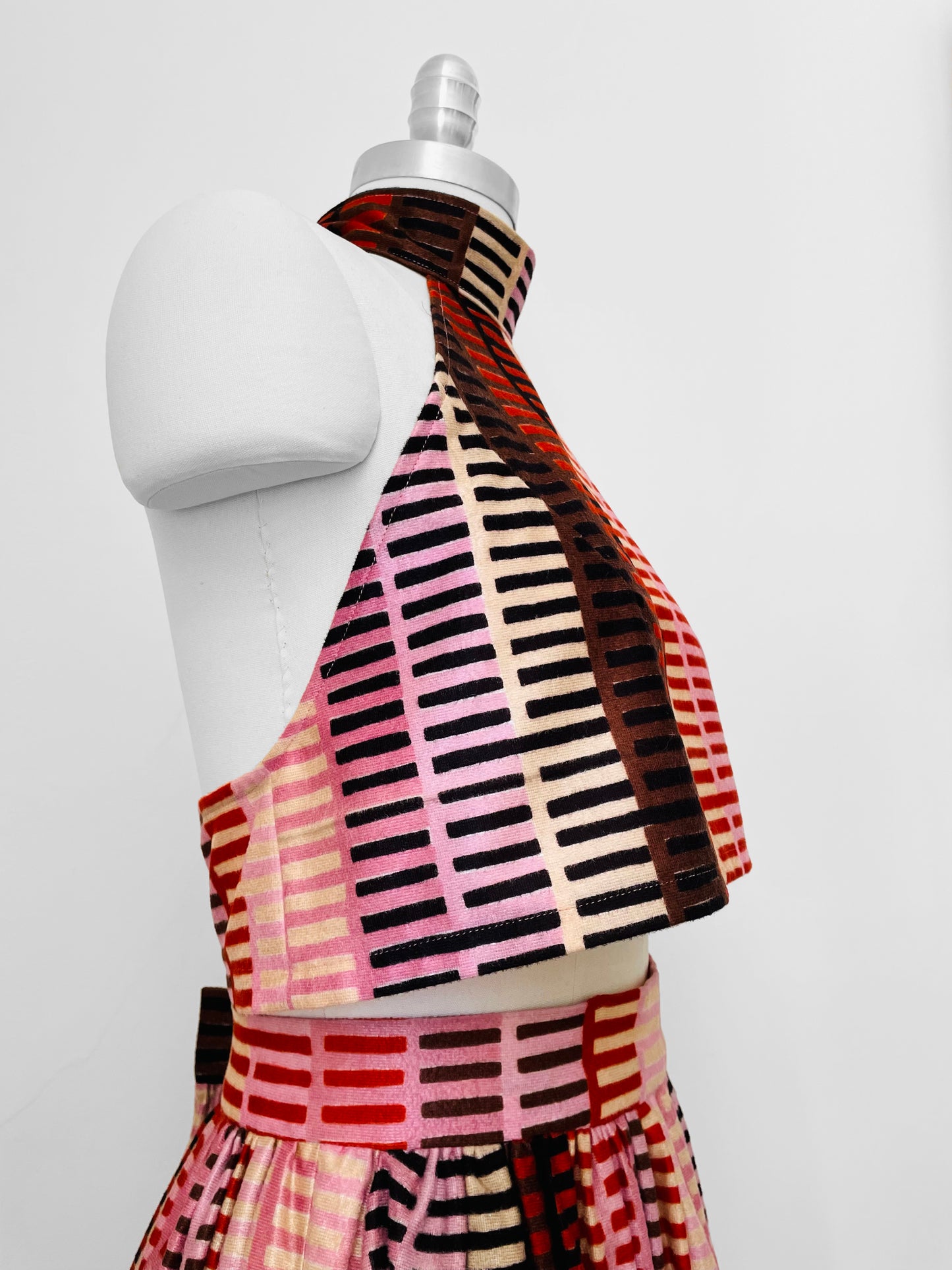 Made-By-Me 1970s Upcycled Reworked Handmade Stripe Skirt Halter-Top Hairband Set