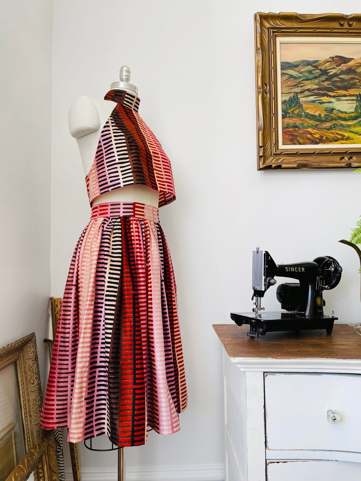 Made-By-Me 1970s Upcycled Reworked Handmade Stripe Skirt Halter-Top Hairband Set