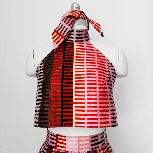 Made-By-Me 1970s Upcycled Reworked Handmade Stripe Skirt Halter-Top Hairband Set