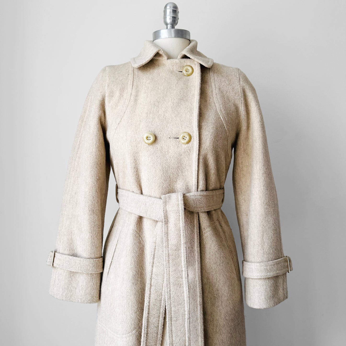 1970s Made in Canada Light Oatmeal Cream Fitted Belted Wool Coat - XS/S