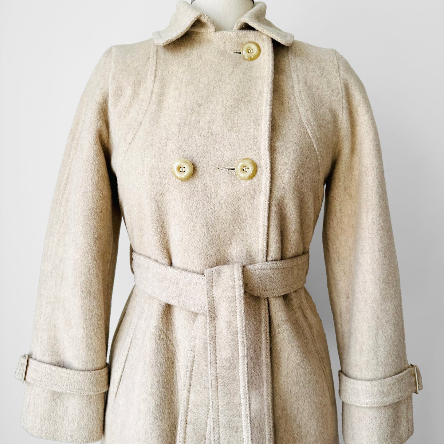 1970s Made in Canada Light Oatmeal Cream Fitted Belted Wool Coat - XS/S