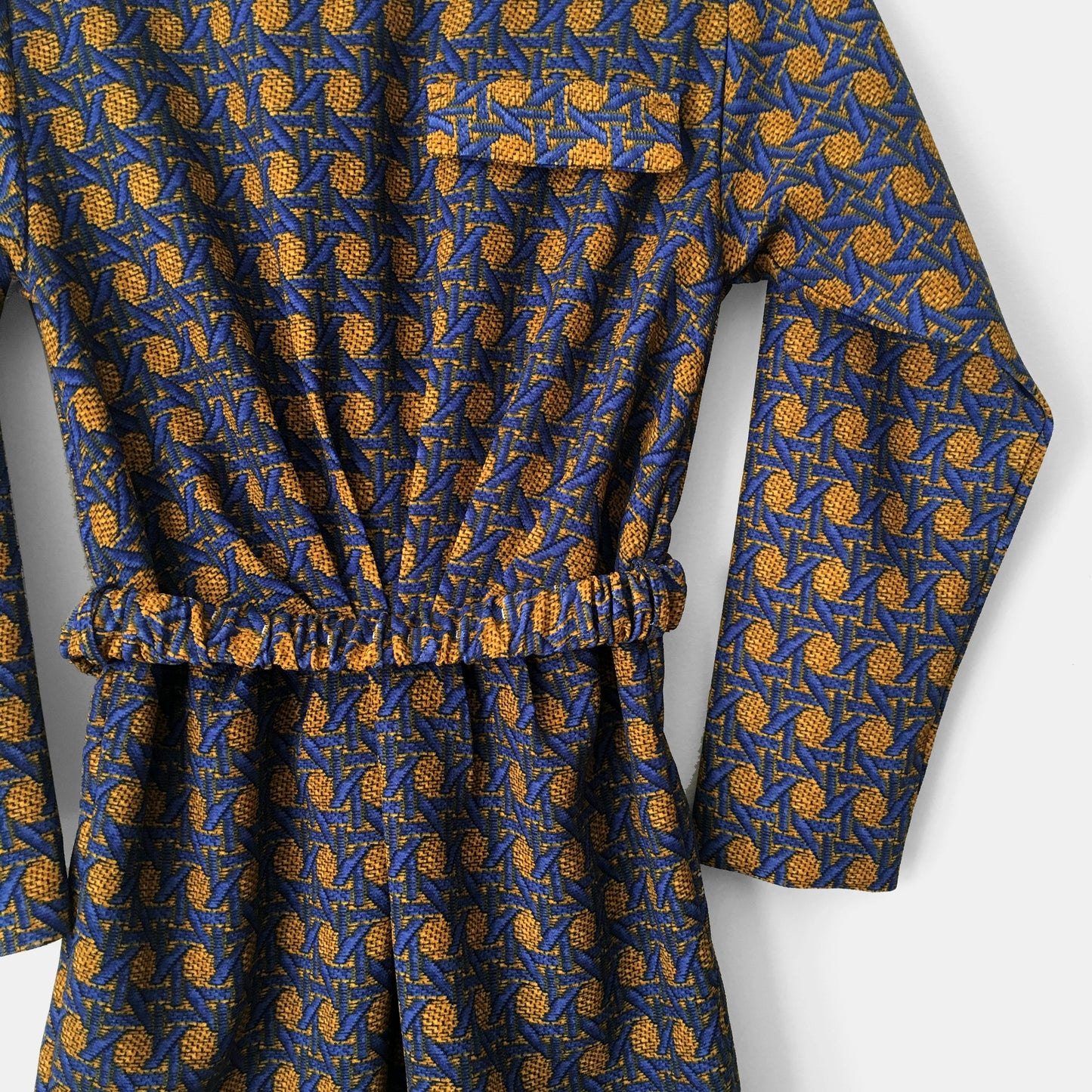 1970s Blue and Gold Patterned Belted Upcycled Heavy Textile Dress