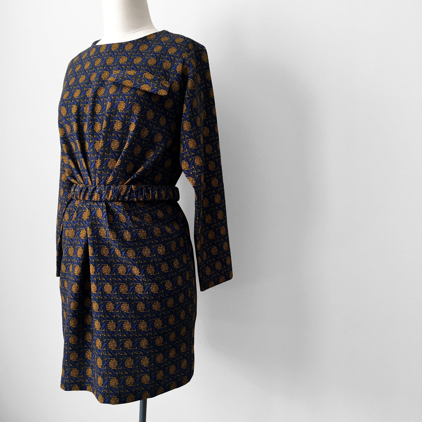 1970s Blue and Gold Patterned Belted Upcycled Heavy Textile Dress