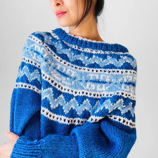 Blue and White Hand-Knit Handmade Wide-Neck Oversized Nordic Knit Sweater