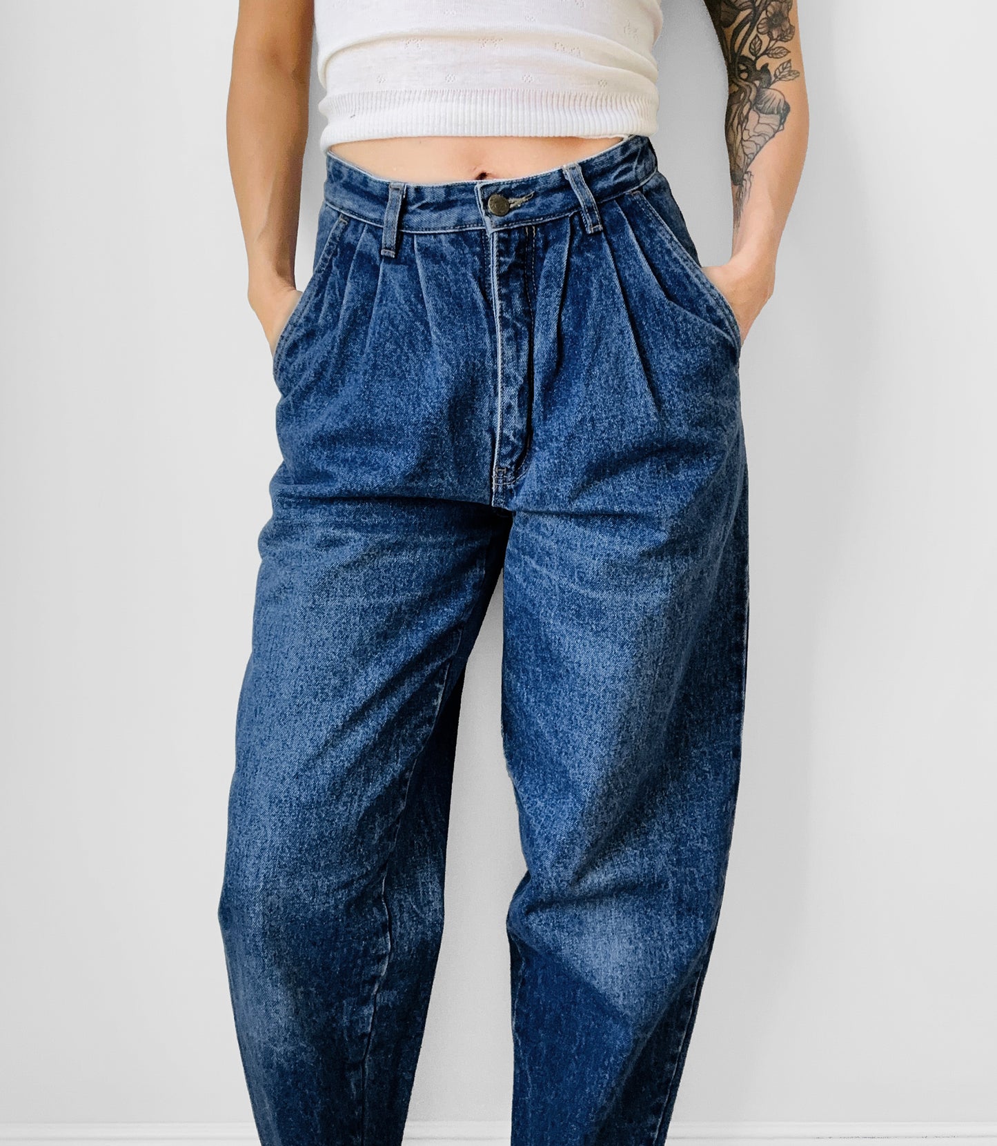 1980s Clock House Brand High-Waisted Pleated Tapered Leg Distressed Denim Jeans - Waist 27