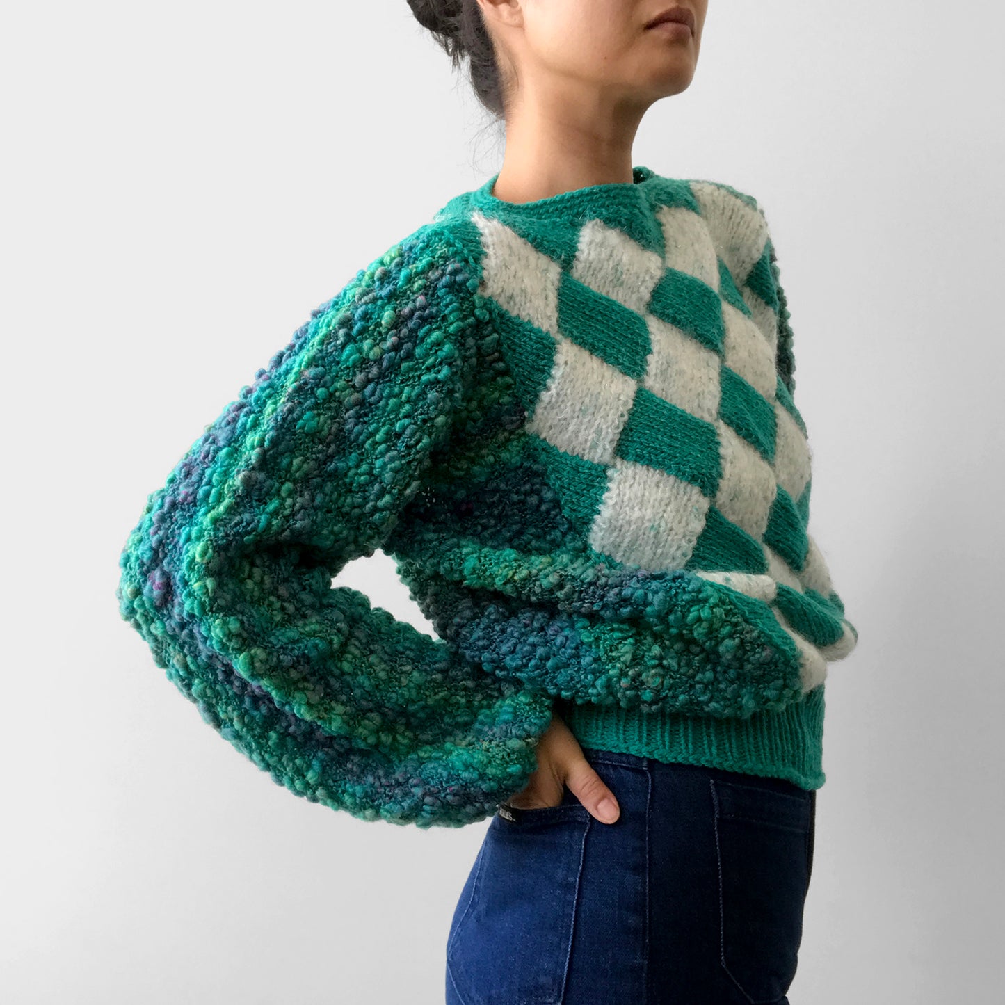 1980s Blue-Green Checkered Pattern Handmade Hand-Knit Pullover Sweater