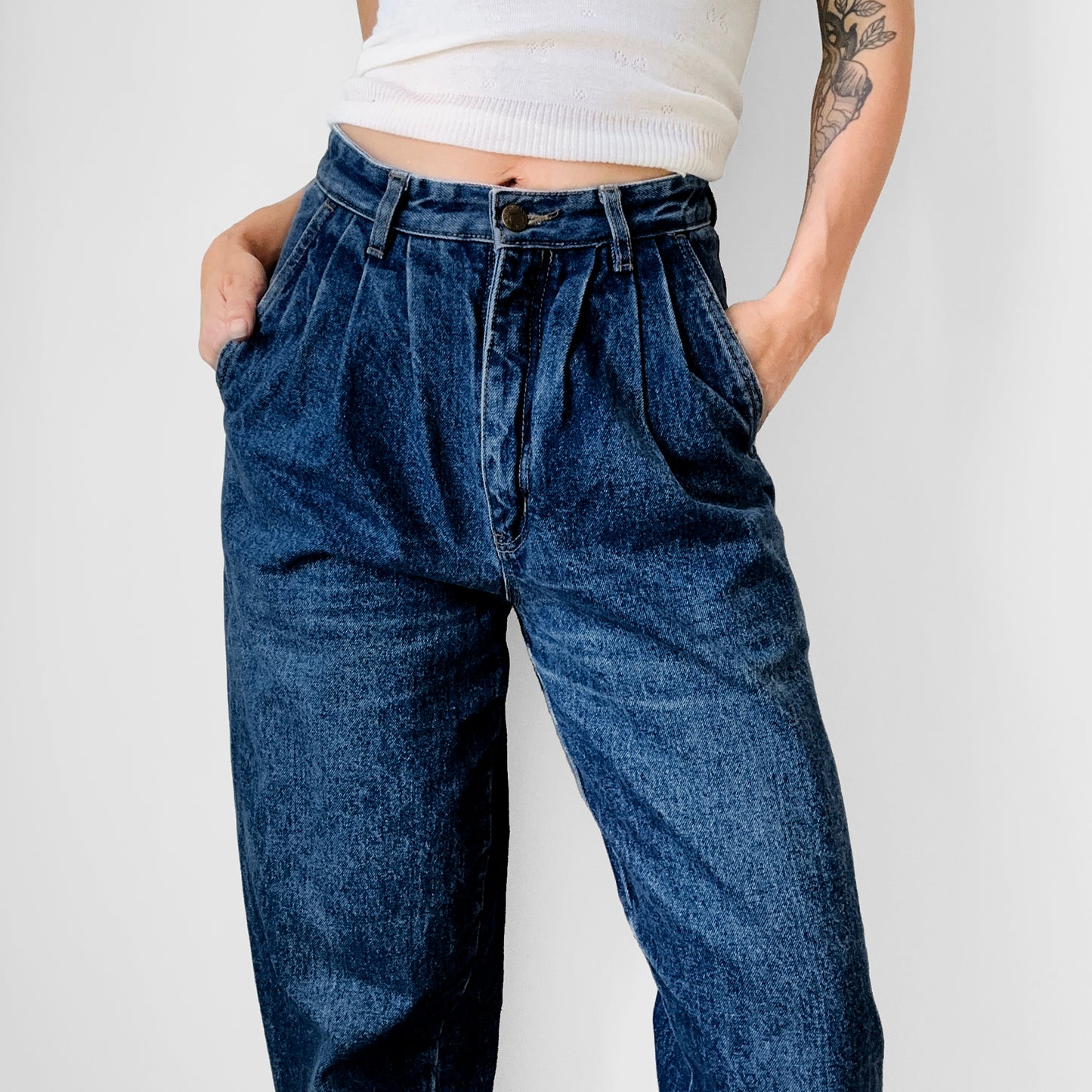 1980s Clock House Brand High-Waisted Pleated Tapered Leg Distressed Denim Jeans - Waist 27