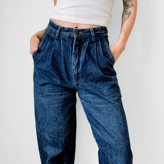 1980s Clock House Brand High-Waisted Pleated Tapered Leg Distressed Denim Jeans - Waist 27