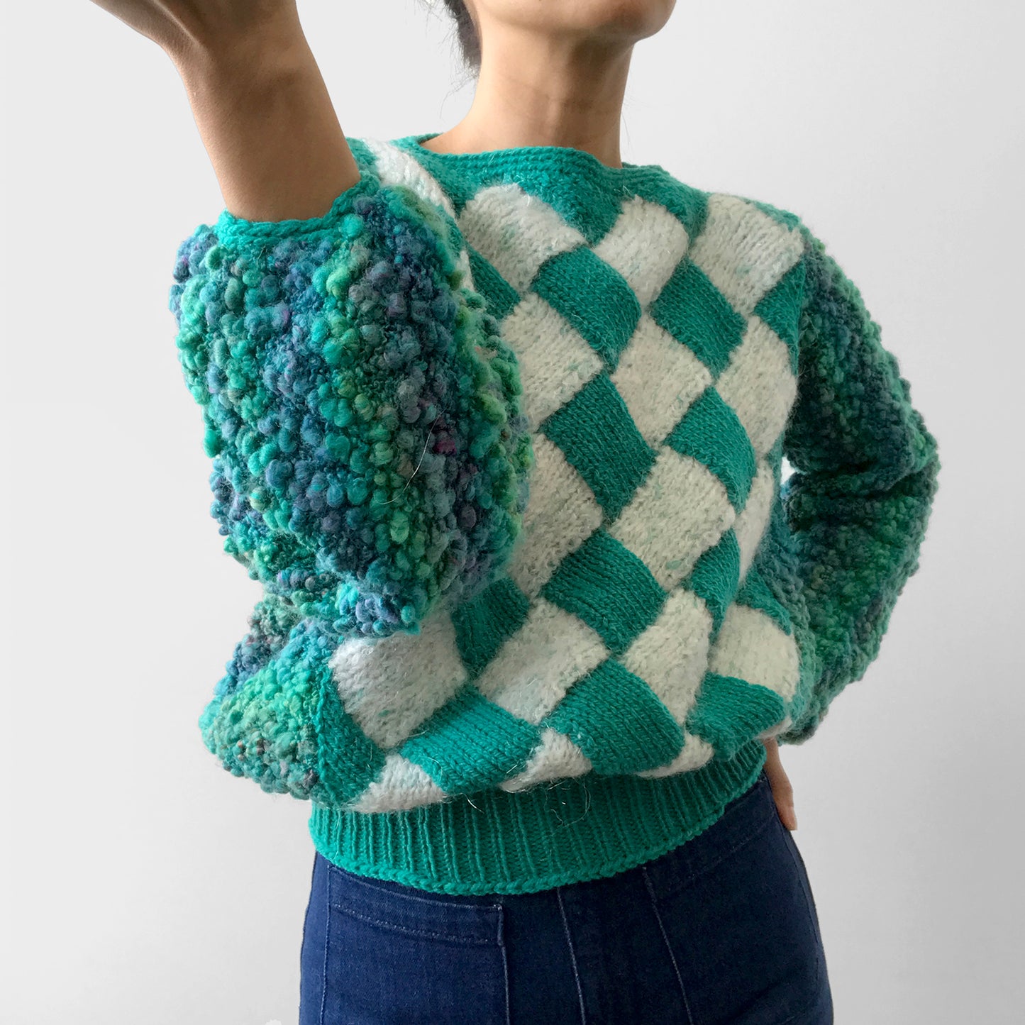 1980s Blue-Green Checkered Pattern Handmade Hand-Knit Pullover Sweater