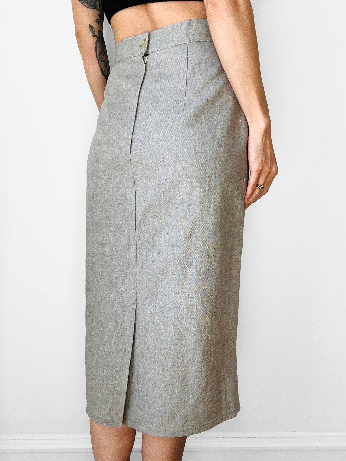 1990s Beige Grey Linen Pleated Hem Midi-Length Skirt - Waist 27