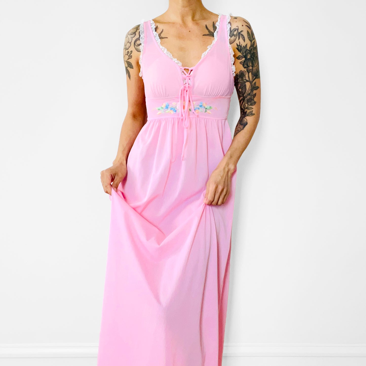 1970s Pink and White Lace Floral Embroidered Nylon Slip Dress