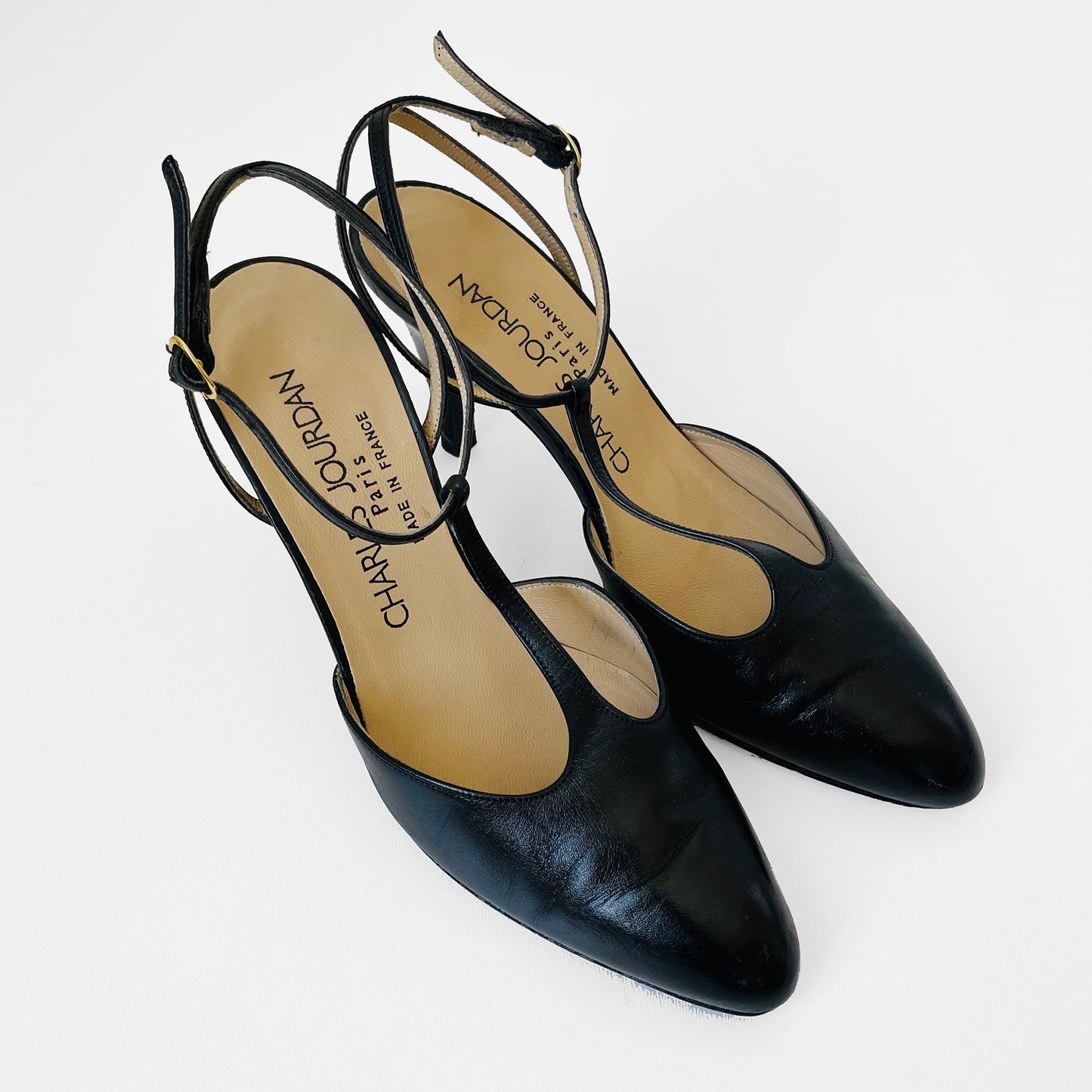 1970s Black Leather Made in France Charles Jourdan Paris T-Strap Pointed Toe Heels