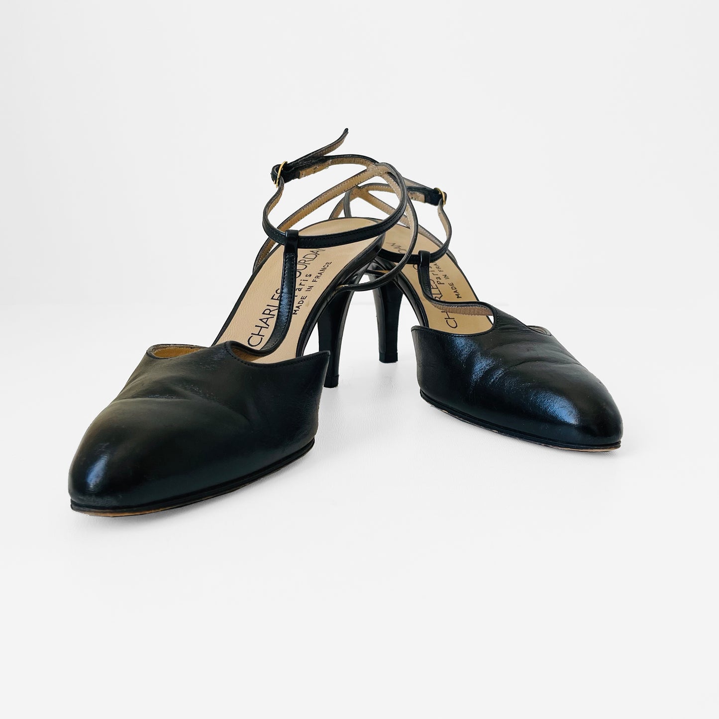 1970s Black Leather Made in France Charles Jourdan Paris T-Strap Pointed Toe Heels